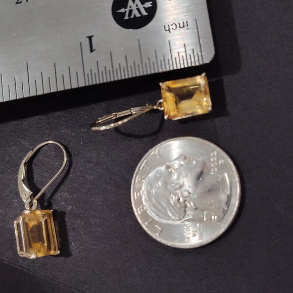 14k White Gold Emerald Cut Citrine Leverback Earrings - Picture 3 of 15